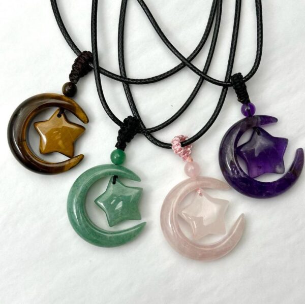 Green Aventurine Star & Moon Pendant Cord Necklace - Image 4