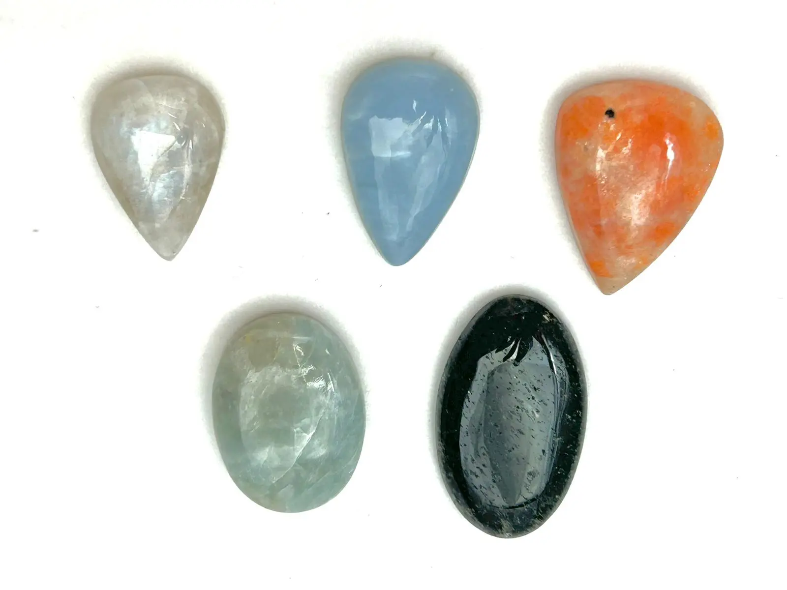 Mixed Gemstone Cabochons - Rainbow Moonstone , Blue opal , Aquamarine , Sunstone & Black Sagenetic Quartz