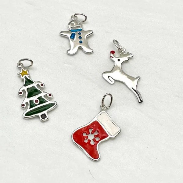 Sterling Silver Christmas Charms 4 Piece Pack inc Christmas Tree, Stocking, Gingerbread Man and Reindeer