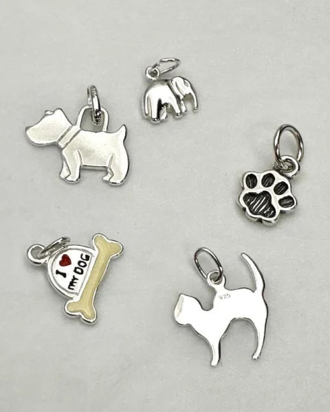 Sterling Silver Animal Charms 5 Piece Pack inc Dog, Cat, Paw Print, Bone and Elephant