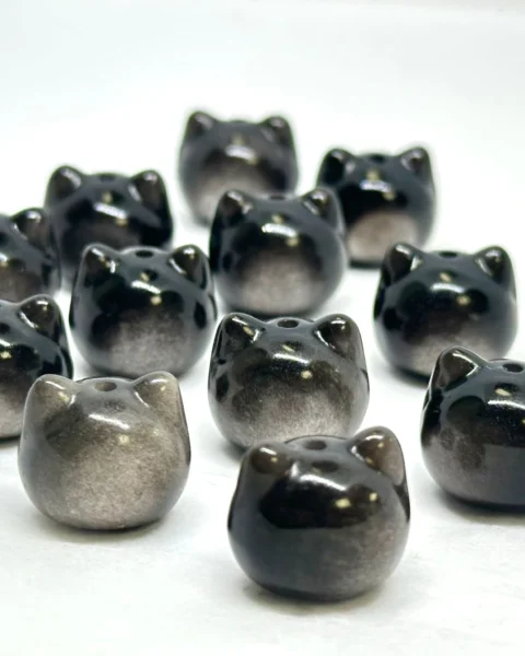 Obsidian Cat Head Bead Approx 12 - 13mm Through Drilled 3pc Pack