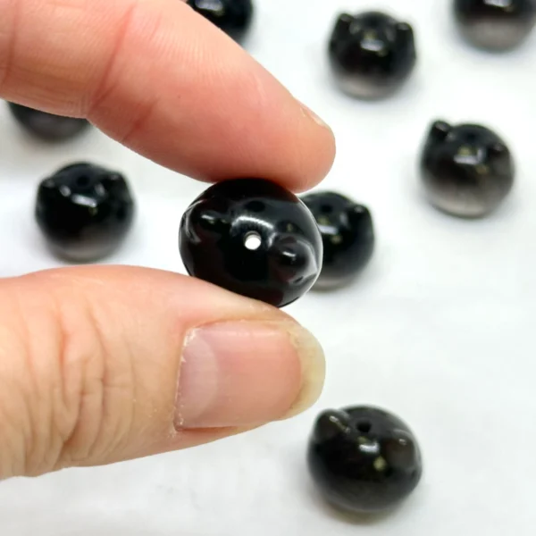 Obsidian Cat Head Bead Approx 12 - 13mm Through Drilled 3pc Pack - Image 4