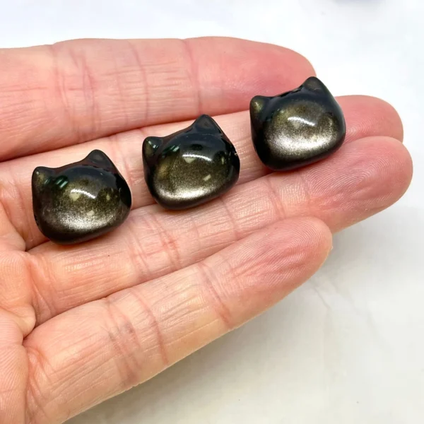 Obsidian Carved Cat Head Bead Approx 15mm Side Drilled 3pc Pack - Image 5