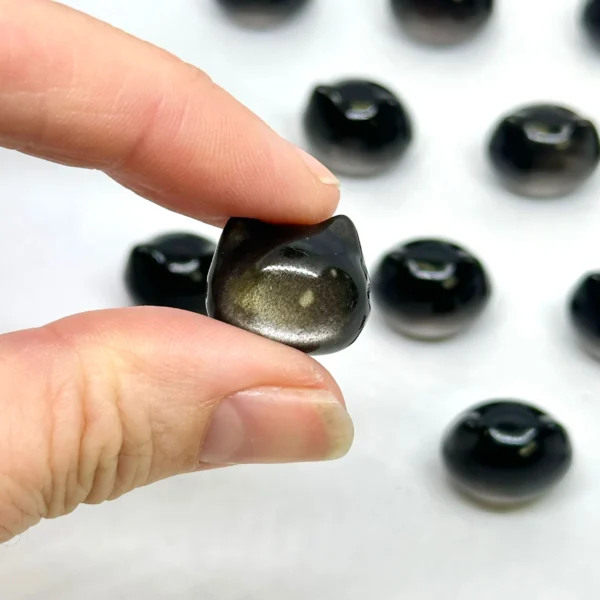 Obsidian Carved Cat Head Bead Approx 15mm Side Drilled 3pc Pack - Image 3