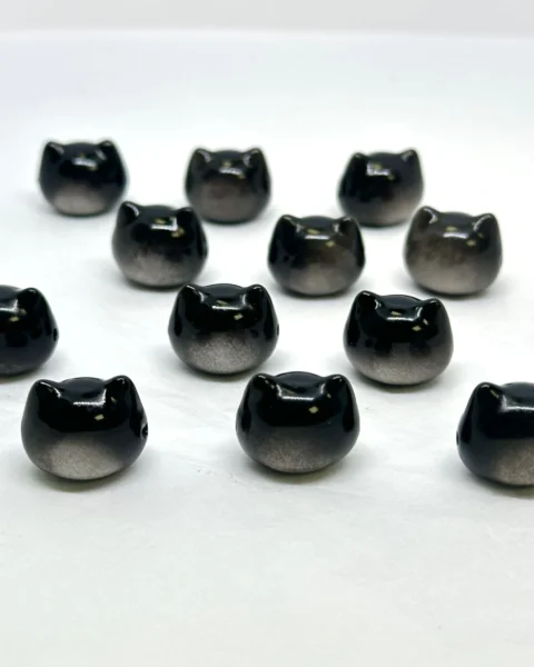 Obsidian Carved Cat Head Bead Approx 15mm Side Drilled 3pc Pack