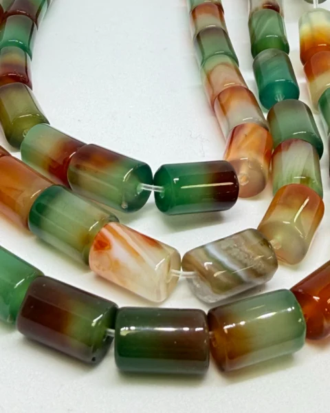 Multi Green (dyed) Stripe Agate Cylinder Beads Approx 8 x 20mm 38cm Strand