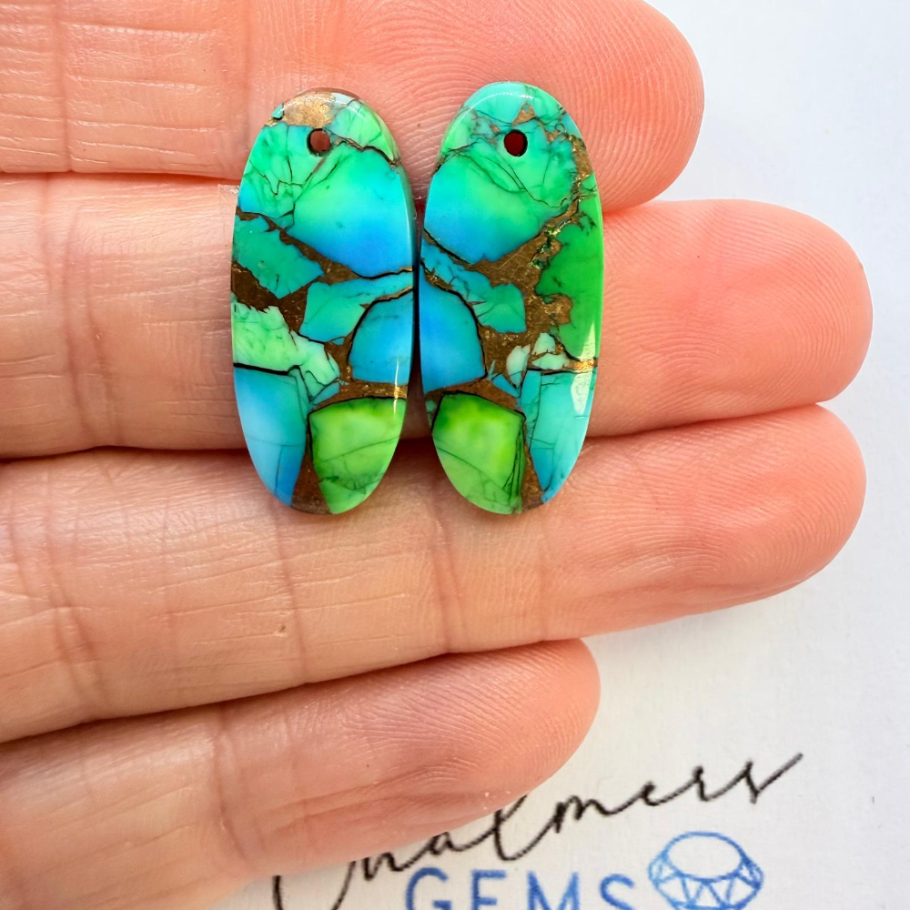 Mohave Green (dyed & reconstructed) Mixed Shape Cabochons Approx 15 -25mm Drilled Pair - Image 3